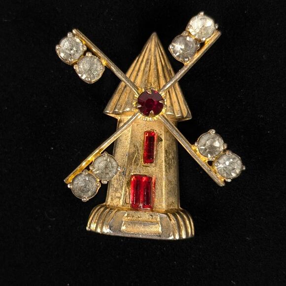 Vintage 1940s Jay Kel Sterling Silver Rhinestone The Magic Mill Windmill Brooch - Picture 1 of 9